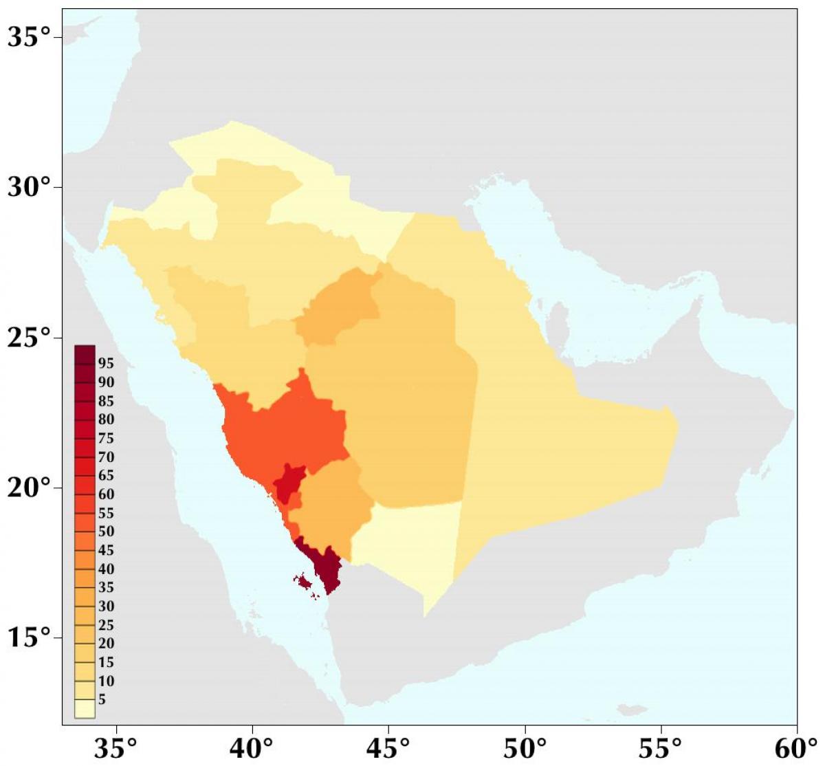 A Arábia saudita densidade populacional mapa