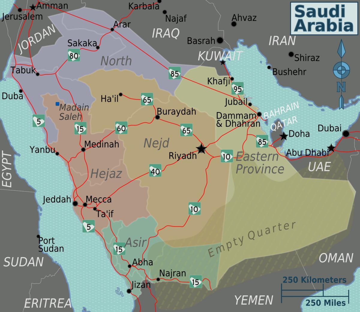 Mapa da Arábia saudita, com as cidades de distância