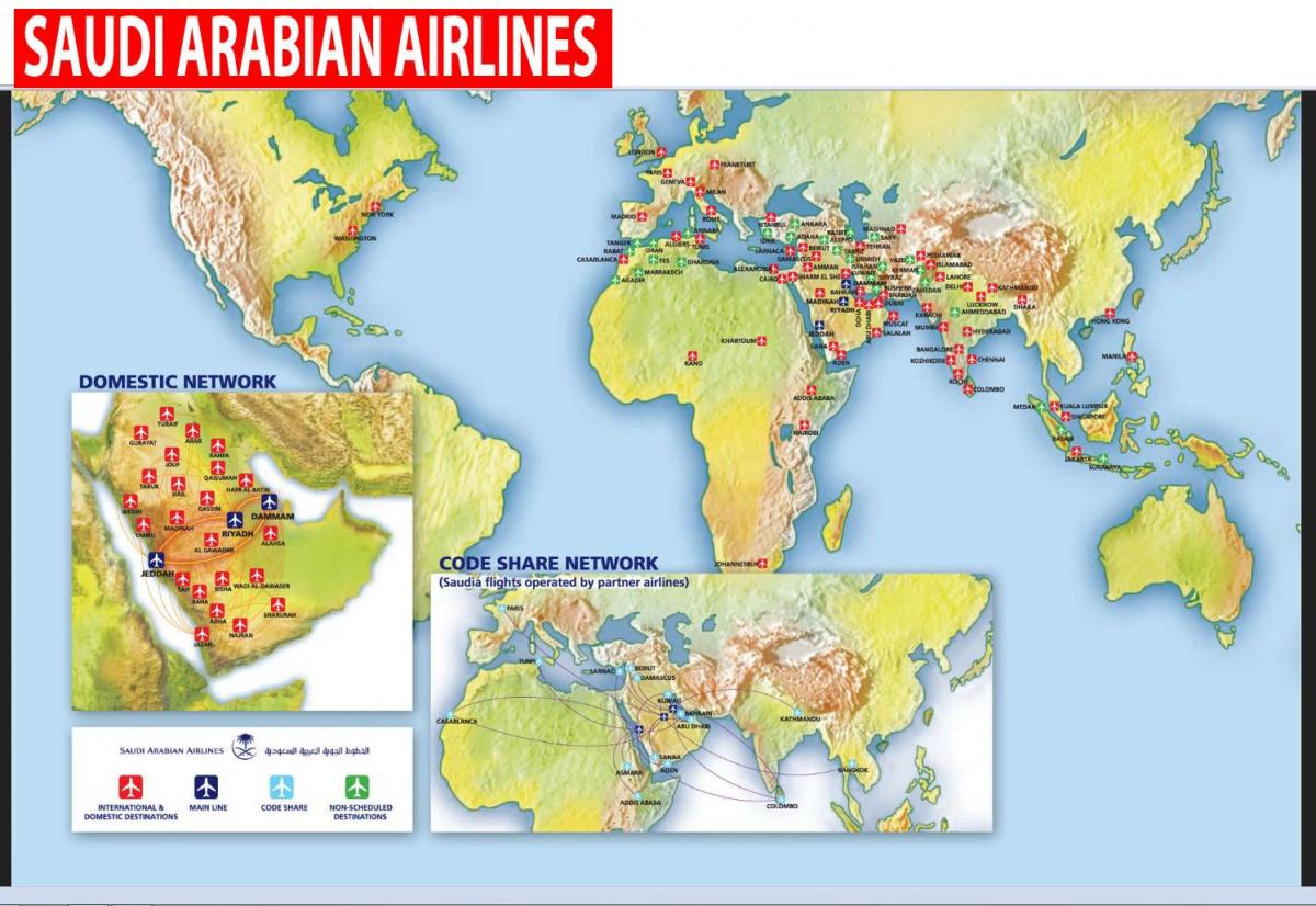 Mapa da Saudi Arabian airlines rota