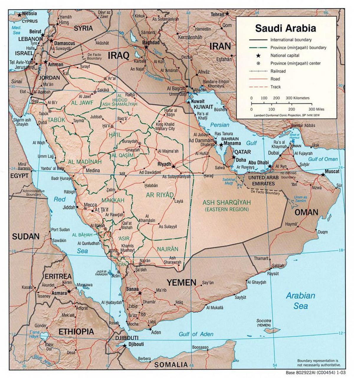Mapa da Arábia saudita, com as cidades por estrada