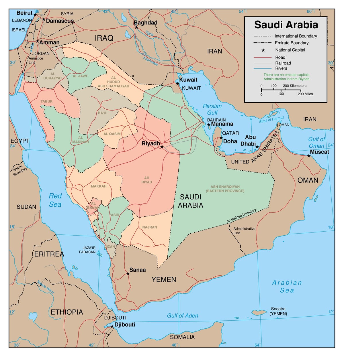 Mapa de contorno da Arábia saudita com os países vizinhos
