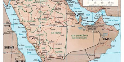 Mapa da Arábia saudita, com as cidades por estrada